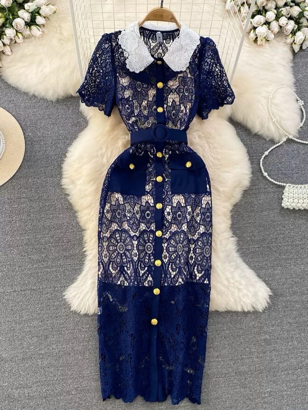 Navy Lace Midi Dress with White Peter Pan Collar - Blue lace gown Dress - Picture 2 of 3